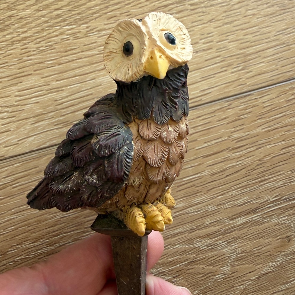 Miniature Owl Garden Stake Figurine Brown Black Bird Planter Decor Resin